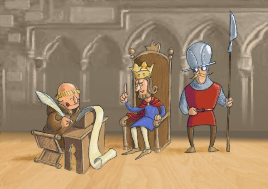 Magnus Lagabøte dikterer lover som vert skrive ned av ein munk med fjørpenn