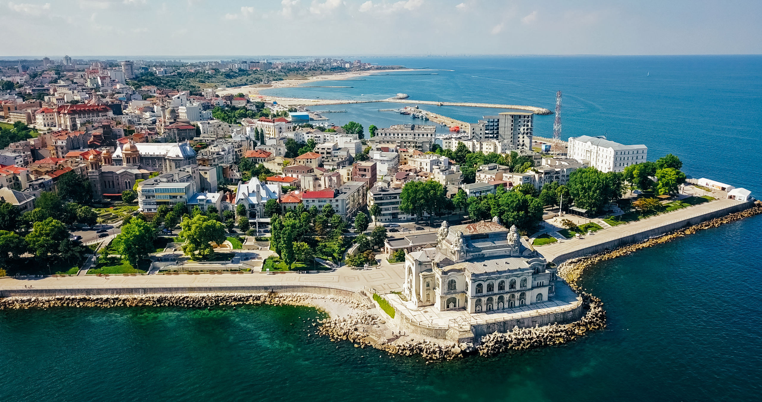Constanta aerial drone photo, overview that shows the sea, beaches and the city.