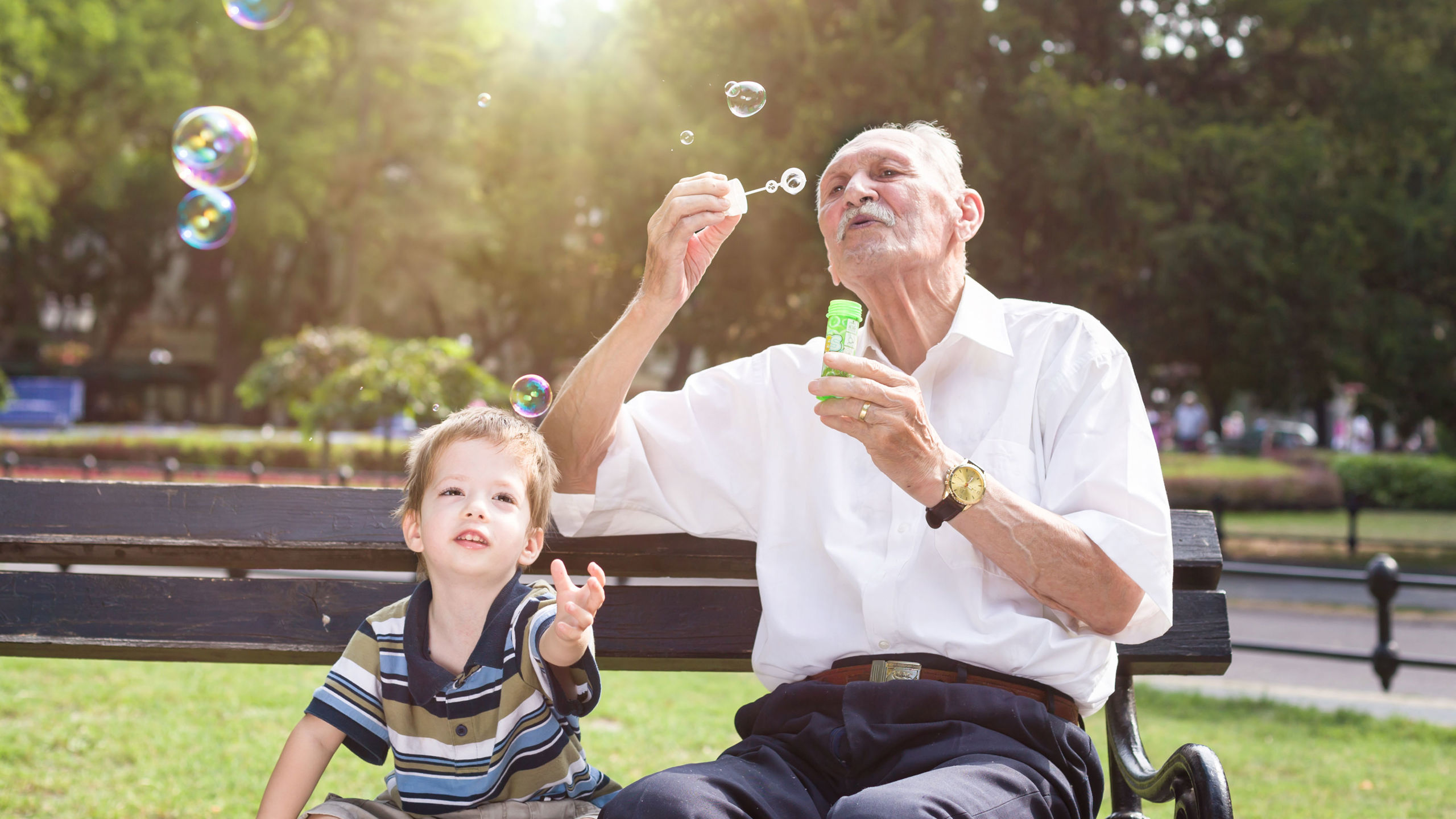 Ein eldre mann og ein ung gut sit på ein benk i ein park. Den eldre mannen blæs såpebobler, og den unge guten ser på boblene og prøver å gripa tak i dei.