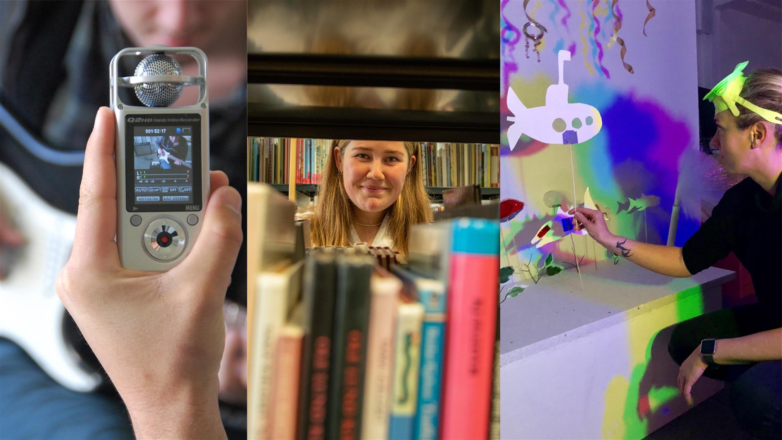 Picture collage of metaimage, a student standing in the library and one having a performance with paper art.