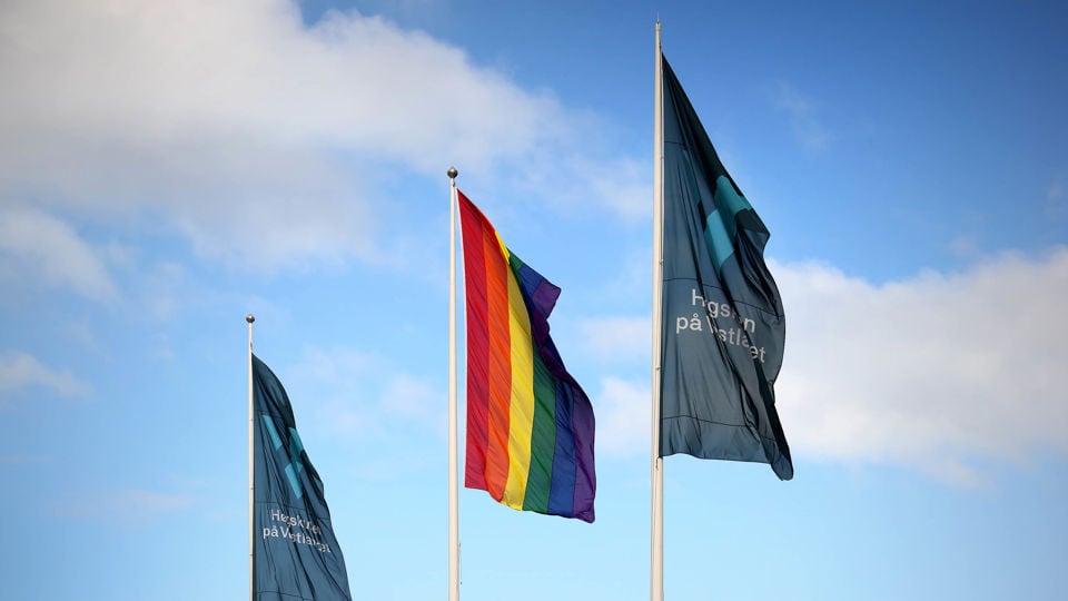 To HVL-flagg og eit Pride-flagg som vaier i vinden.