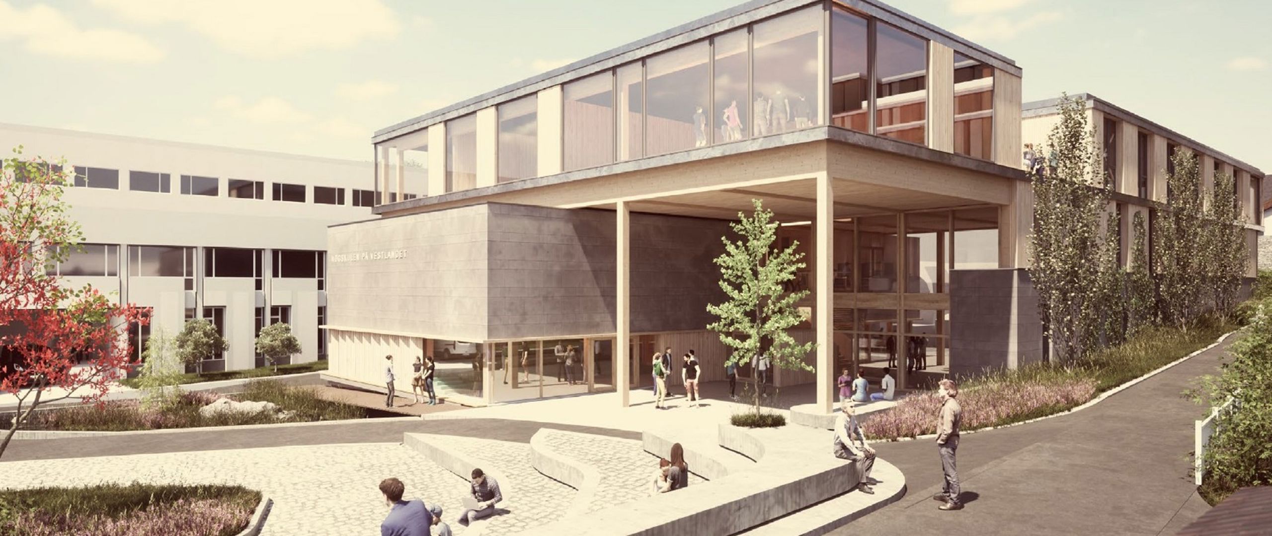 Illustrasjon som viser hvordan det nye bygget i Haugesund skal se ut. Bygget har tre etasjer, med store vinduer i øverste etasje.