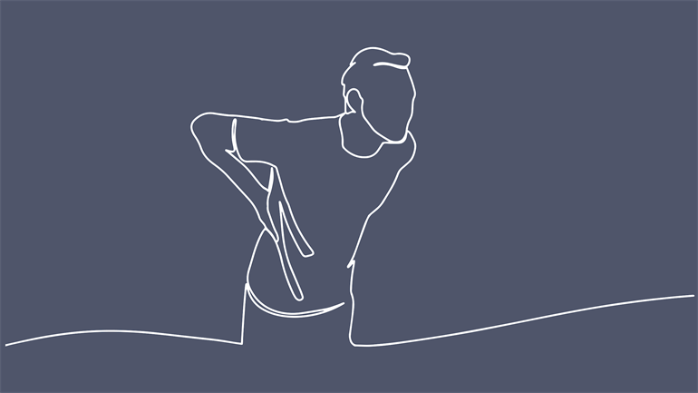 Illustrasjon på en lilla bakgrunn av en person som bøyer ryggen.
