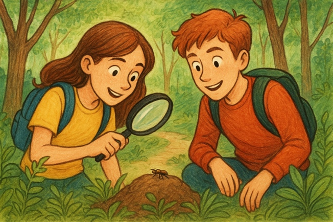 Generert bilete ved hjelp av ChatGPT (Open AI, 2025), med instruksene “Tegneaktig bilde av to skoleelever i 14års alderen som utforsker skogen med en lupe, en jente og en gutt.”. Illustrasjon: ChatGPT (Open AI, 2025).