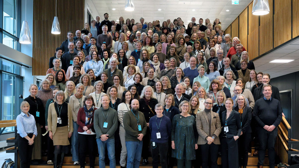 Samlefoto av alle deltakarane på samlinga. Personane står på rad og rekke i trappa ved Mimes brønn. 