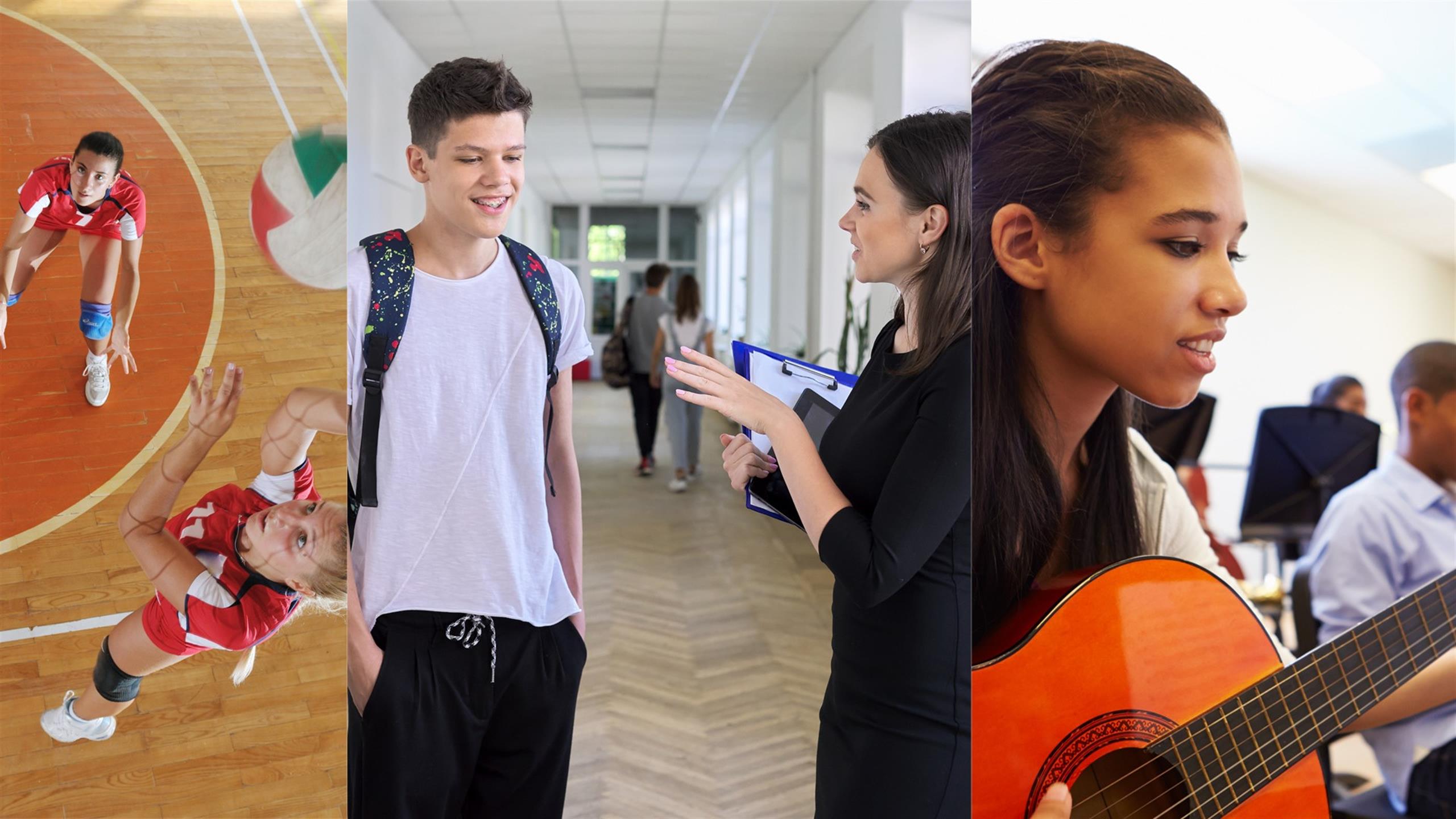 photo collage of a basketball team, someone talking at school and a girl playing guitar