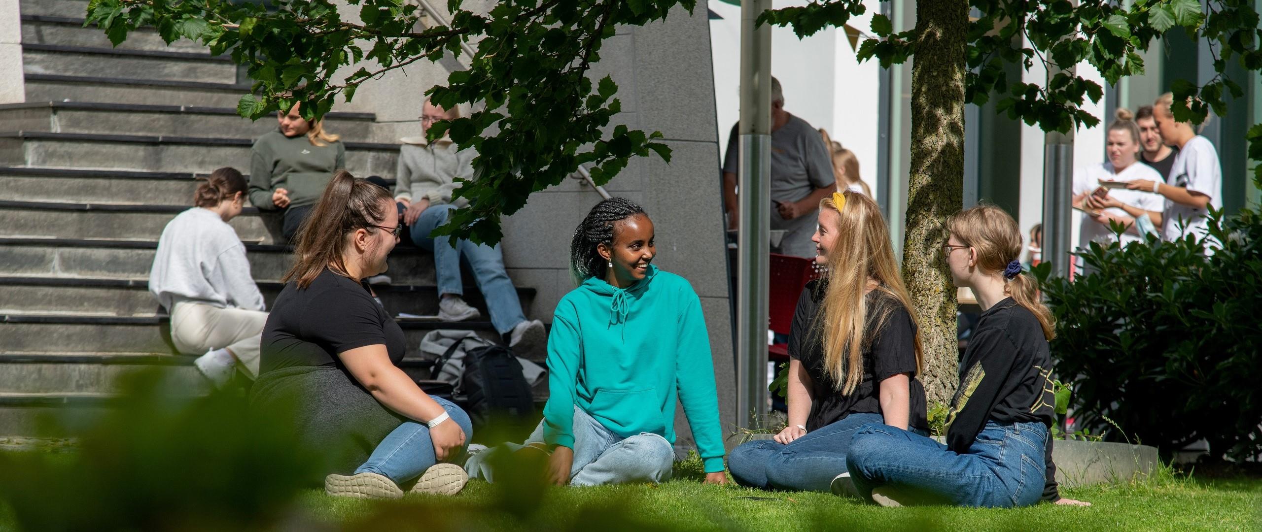 Studentar sit på plenen på campus.