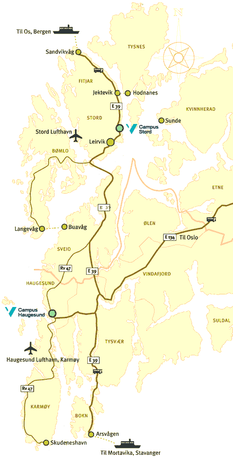 Kart over Sunnhordland og Nordrogaland med reiseruter