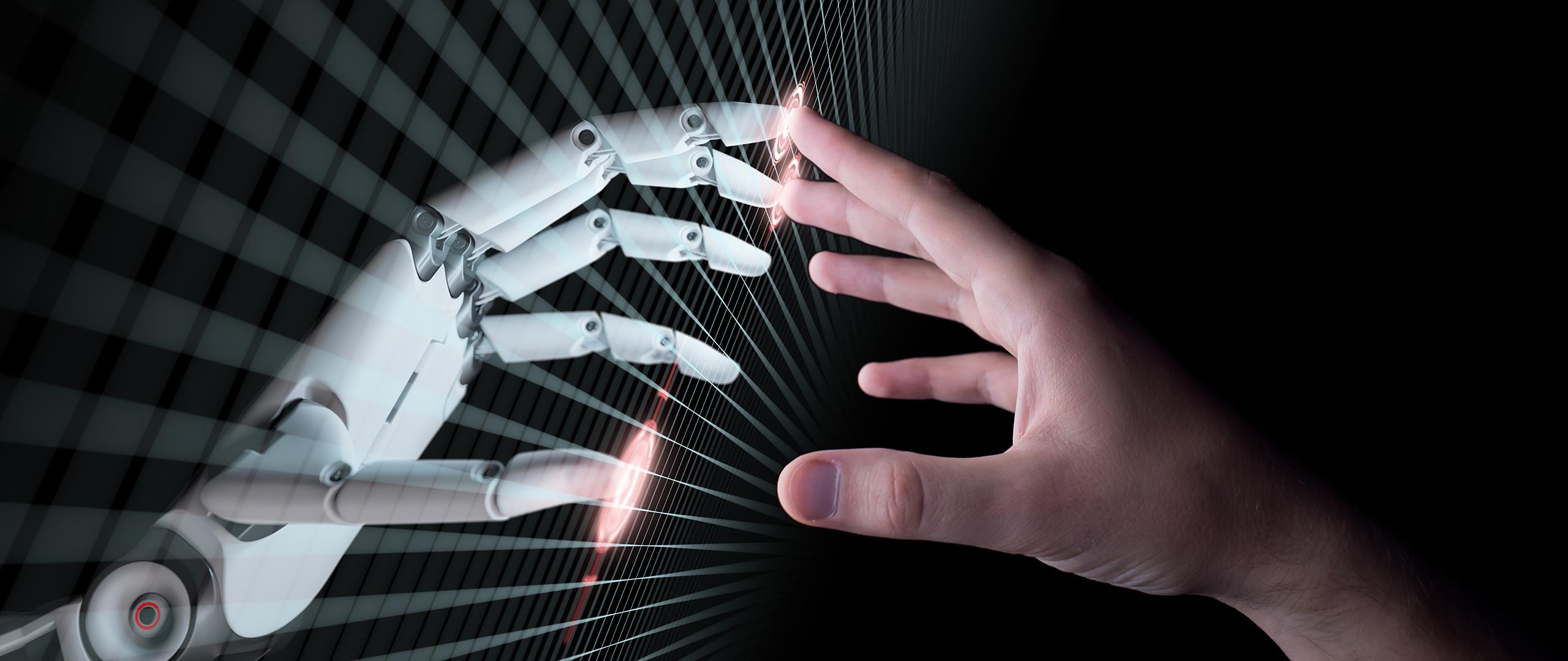 Kontakt mellom robothand og menneskehand (illustrasjon)