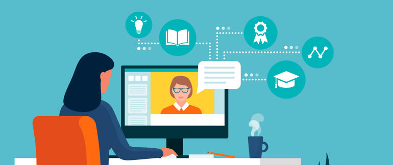 Illustration of a person in front of a desktop computer