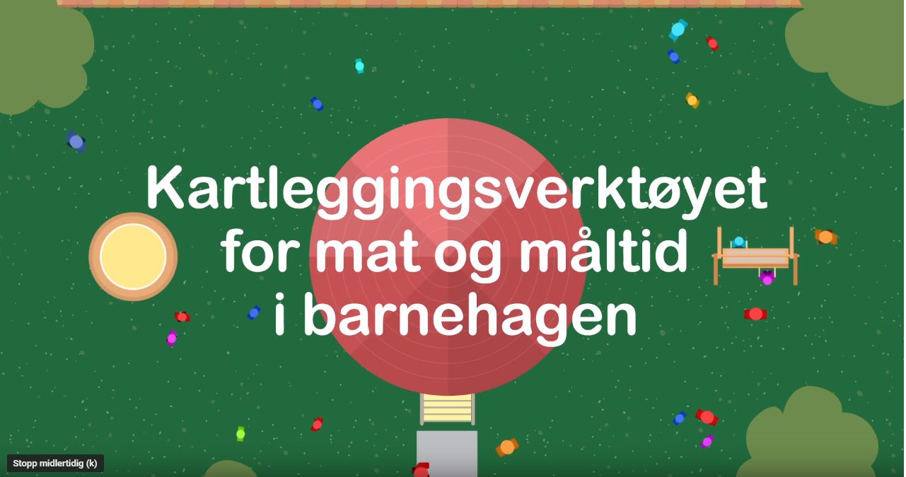 En illustrasjon av en lekeplass, med teksten: "Kartleggingsverktøyet for mat og måltid i barnehagen"