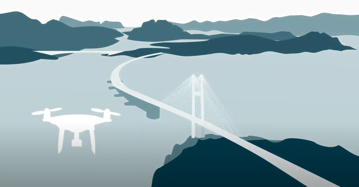 Illustrasjon av en bro sett ovenfra, med en drone plassert på venstre side.