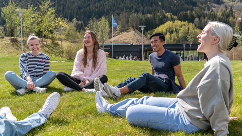 Ei gruppe studentar sit ute på graset.