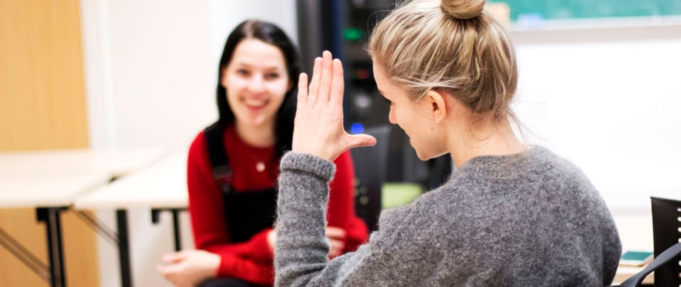 Studenter som kommuniserer på tegnspråk.