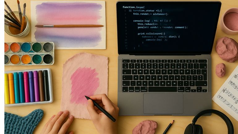 En hånd som viser en person tegne på et ark ved siden av en laptop som viser koding,
