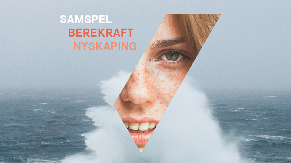 bølge som slår inn mot land, med utsnitt av blikket til en ung jente og ordene samspel, berekraft, nyskaping