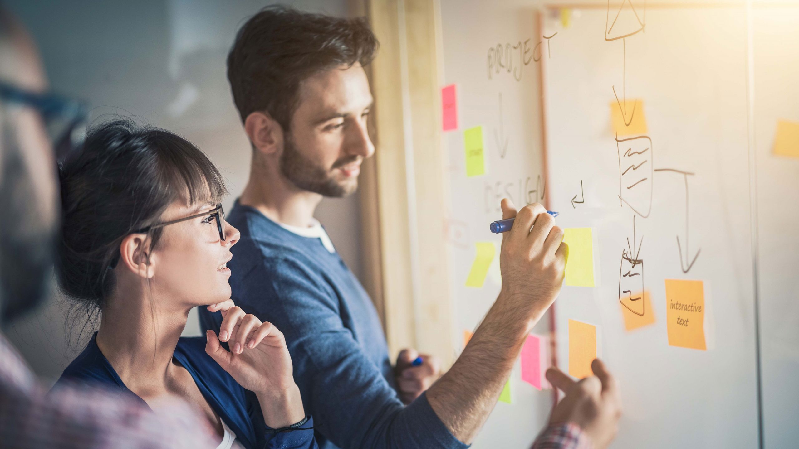 To ansatte jobber med strategi og utarbeider ideer på white board