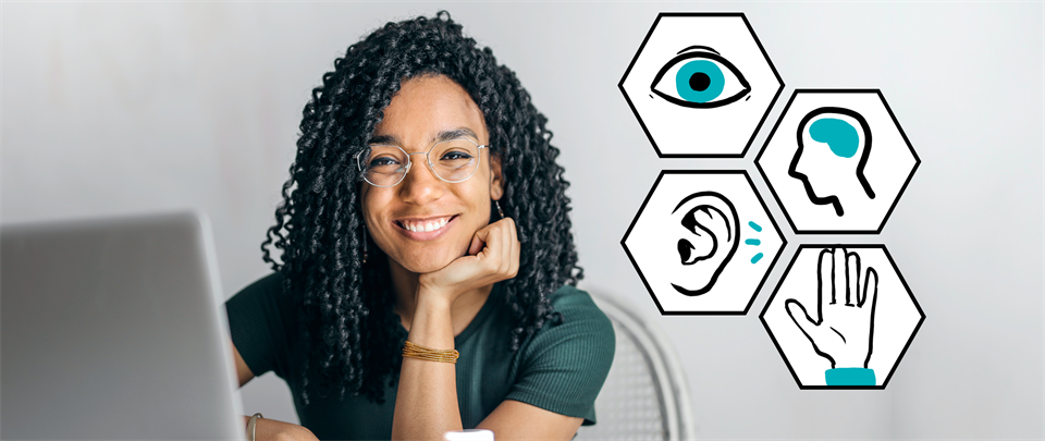 A girl who smiles at you with four illustrations beside her. They represent sight, hearing, motorics and cognitive ability.