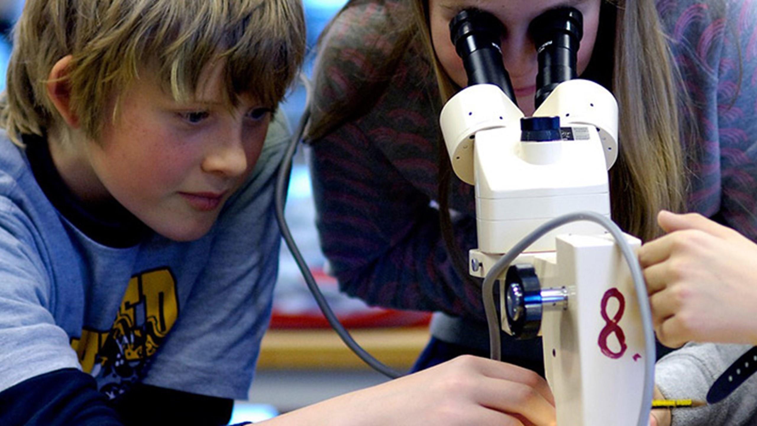 Student teacher and pupil using microscope